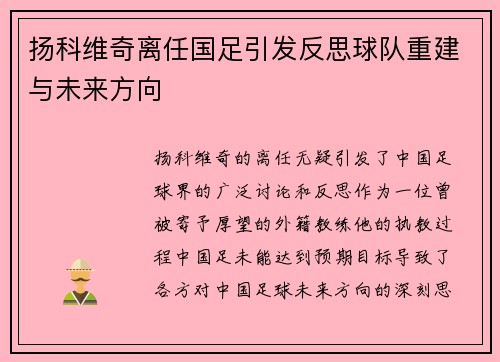 扬科维奇离任国足引发反思球队重建与未来方向